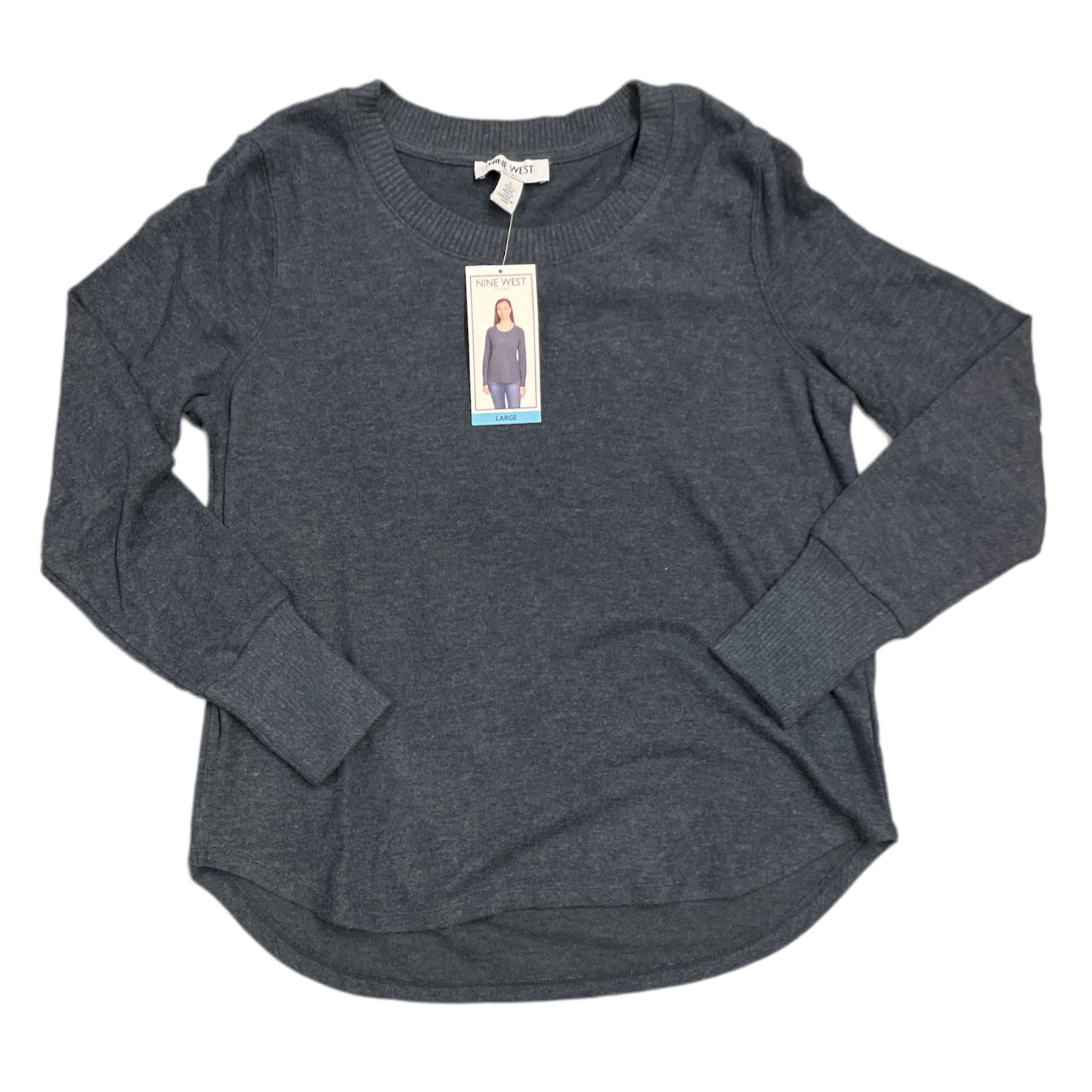 Women's Long Sleeve Rib Neck Pullover Soft Knit Top (Heather Mood Indigo, L)